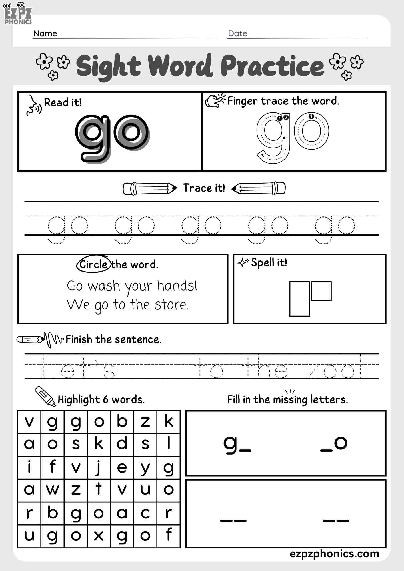 The Word "Go" Dolch Sight Word Worksheet Activity for Pre-Kindergarten and Kindergarten Students PDF Download